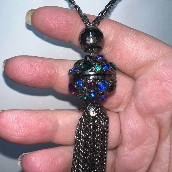 Gunmetal and Crystal Long Fringe Statement Necklace - Picture 4 of 11